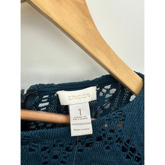 Chico's Dress Women 1 Medium Blue Solid Crochet Camille Enchanted Teal Disco - Picture 7 of 9